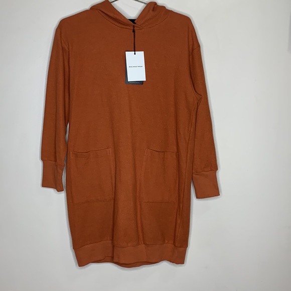 Who What Wear | Orange Two Pocket Front Hooded Long Sleeve Shirt Dress Sweater - Picture 7 of 7